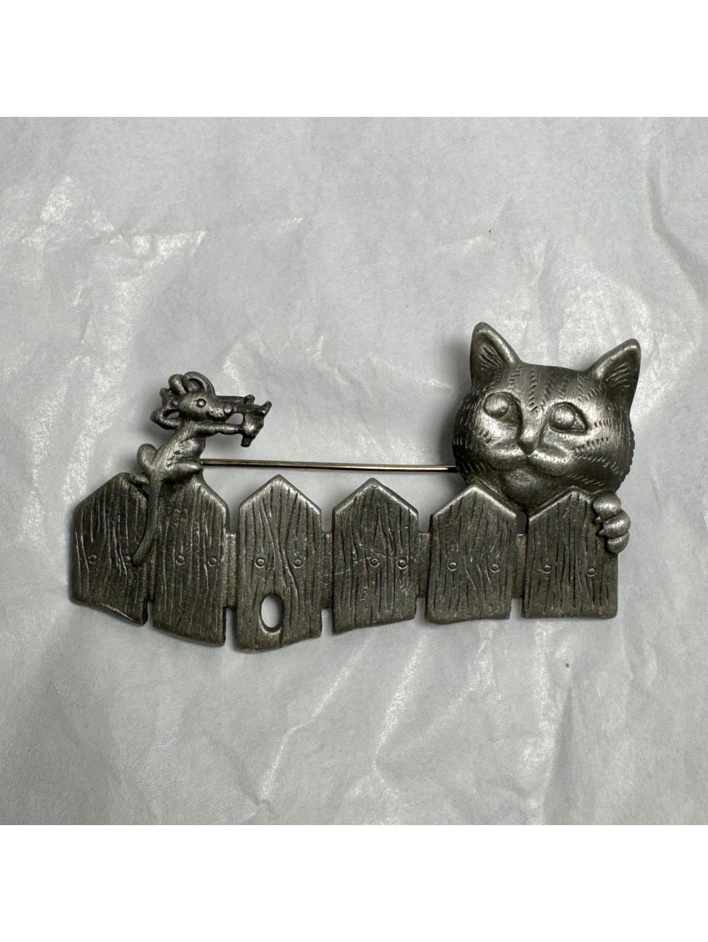 Vintage AJC Cat and Mouse Brooch Pin with Wooden Fence Design
